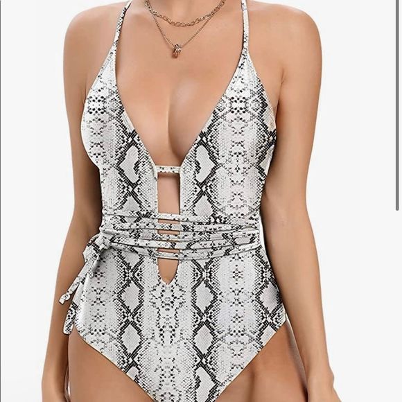 Other - 🆕 Snake Skin Plunge Criss Cross Tie Knot One Piece Bikini Swimsuit